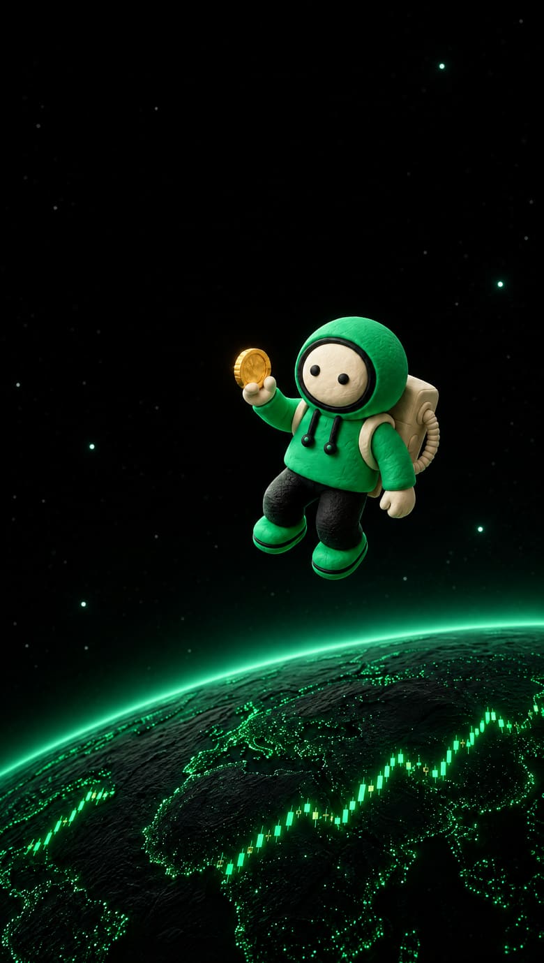 The Trencher floats in space with a gold coin, above a dark planet traced by a green price chart.
