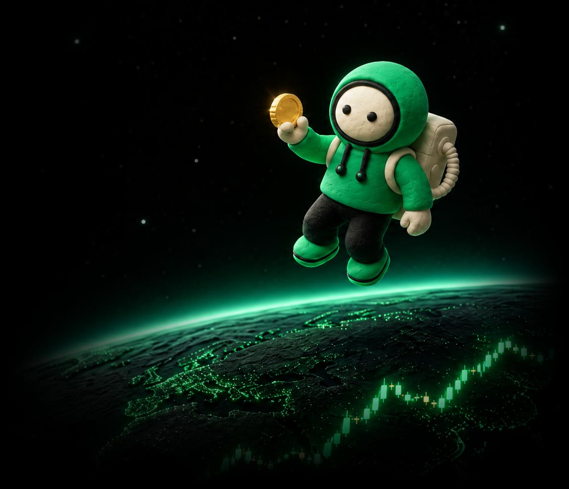 The Trencher floats in space with a gold coin, above a dark planet traced by a green price chart.