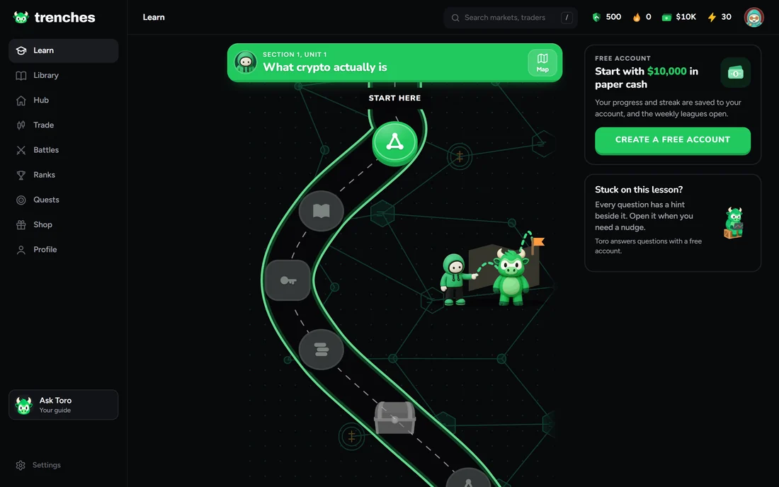 The Trenches Learn page on a computer, with the crypto road at its first lesson.